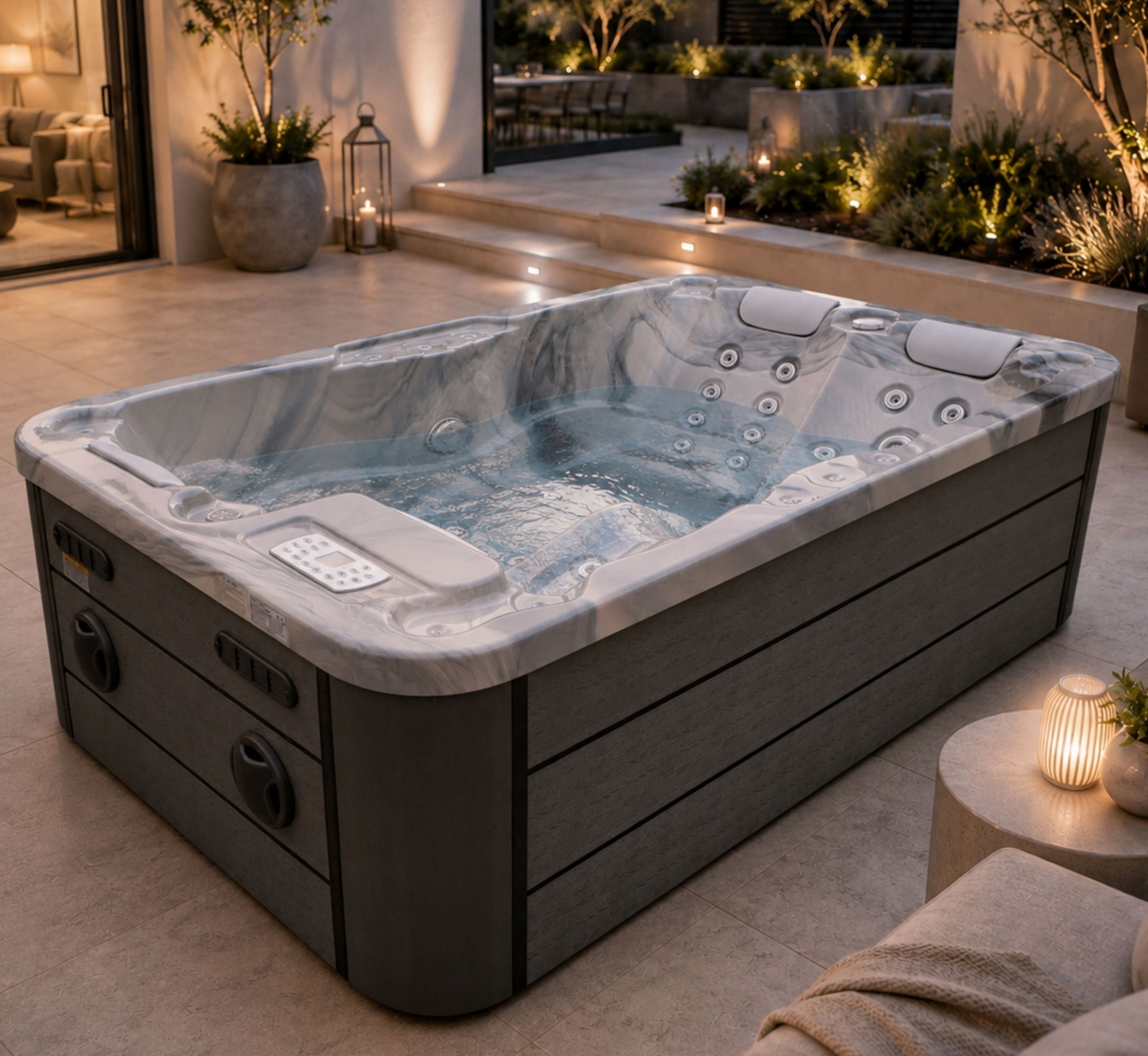 Celoročná vonkajšia vírivka MODENA Grey Marble pre 2–3 osoby, 205 × 130 cm – vrátane termokrytu